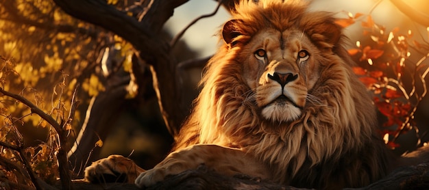 Lion Majesty Un leone regale che si muove dinamicamente con tutto il corpo e la sua potente presenza emana dalla sua criniera dorata. Generato con l'intelligenza artificiale