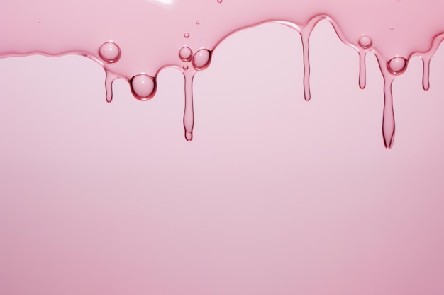 Liquido cosmetico trasparente che gocciola dalla parete Testura di gel su sfondo rosa Ialuronico