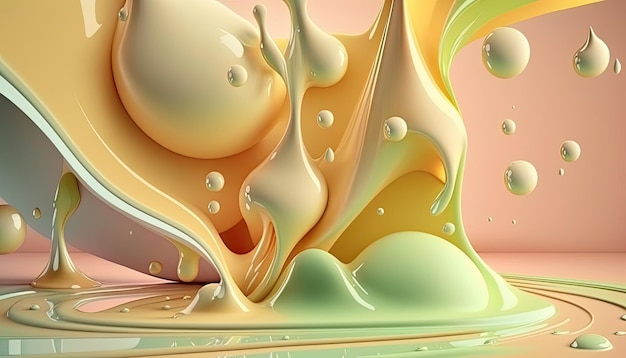 Liquido denso di colori misti che schizzano e formano goccioline nell'aria su sfondo colorato Illustrazione per carta da parati IA generativa