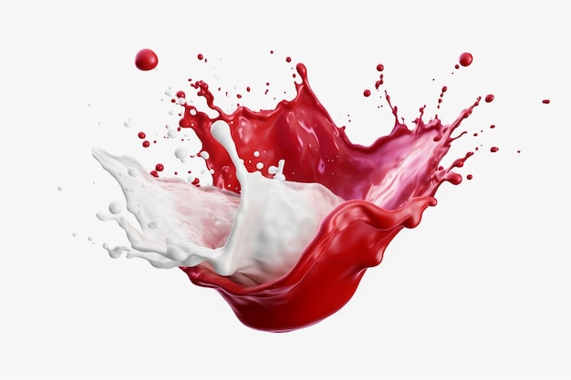 Liquido di colore dell'acqua rosso e bianco o spruzzi di yogurt su bianco isolato