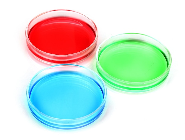 Liquido di colore nelle capsule di Petri isolate su bianco