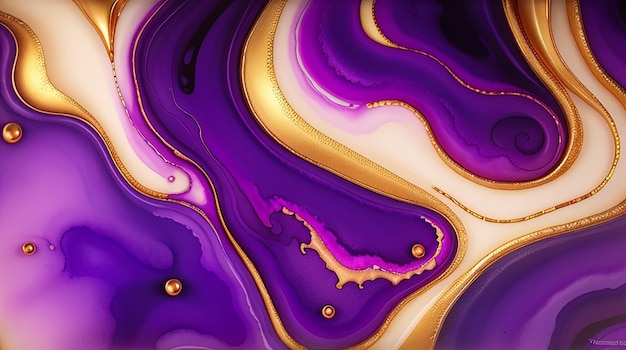 Liquido di colore viola morbido Alcol Inchiostro dorato gocciolante oro fantasia senza cuciture iper realistico intricato