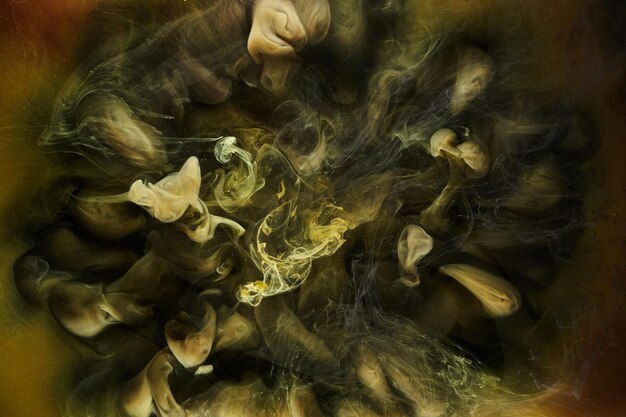 Liquido fluido arte astratto sfondo Nero giallo danza acrilico dipinge lo spazio sottomarino fumo oceano