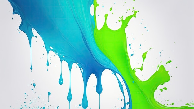 Liquido Green e Blue splash Color drip su sfondo astratto bianco