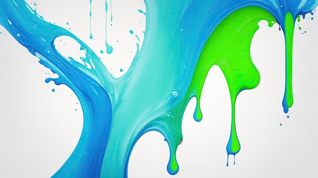Liquido Green e Blue splash Color drip su sfondo astratto bianco