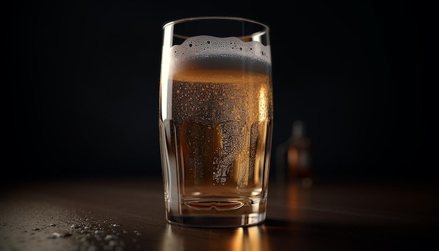 Liquido rinfrescante in un bicchiere lucido su un tavolo scuro generato dall'intelligenza artificiale