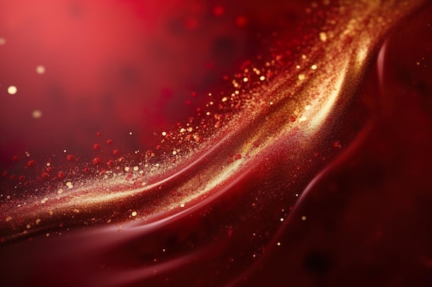liquido rosso con sfumature di luccioli dorati sfondo rosso con una diffusione di scintille d'oro Magic G