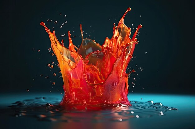 Liquido rosso e arancione vibrante che spruzza in uno sfondo di acqua blu chiaro IA generativa