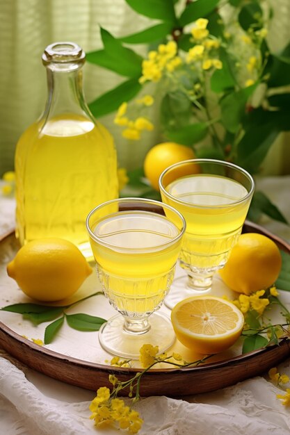 Liquore al limone in due bicchieri e bottiglia con limoni e fiori sul tavolo