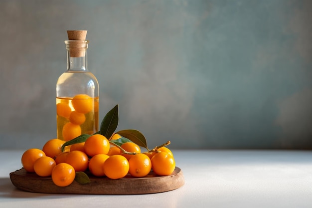 Liquore di kumquat con kumquat su sfondo chiaro Tintura greca di kumquat