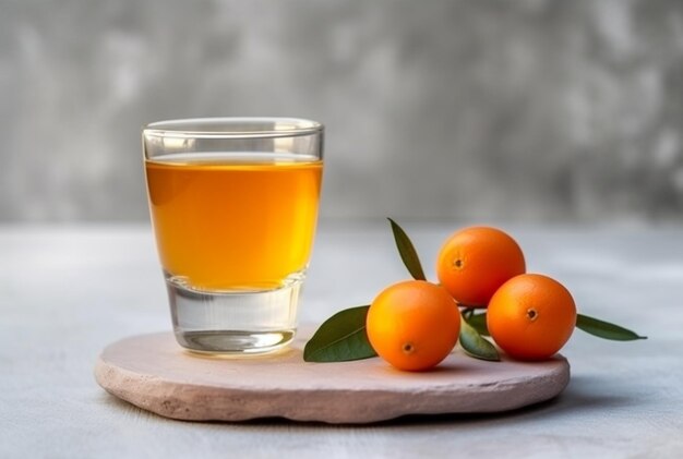 Liquore di kumquat con kumquat su sfondo chiaro Tintura greca di kumquat