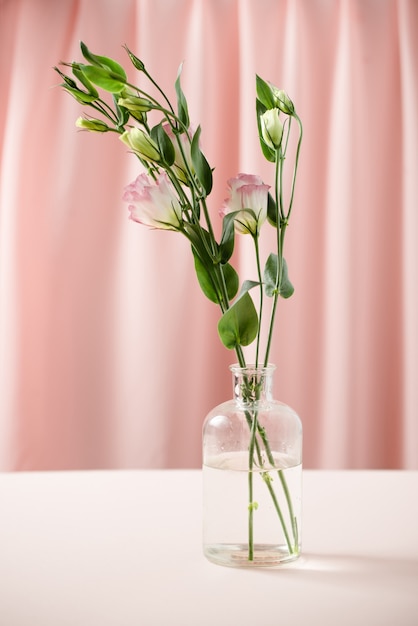 Lisianthus fiori in bottiglia su sfondo rosa. Festa della mamma, compleanno, San Valentino, festa della donna, concetto di celebrazione. Spazio per il testo.