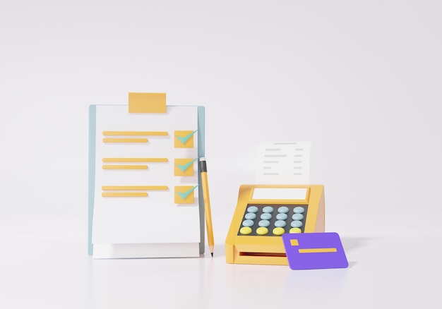 Lista di controllo su carta appunti e terminale POS di pagamento con carta. spuntare il controllo Correttezza per il concetto di acquisto di pagamenti online su sfondo bianco. rendering 3D