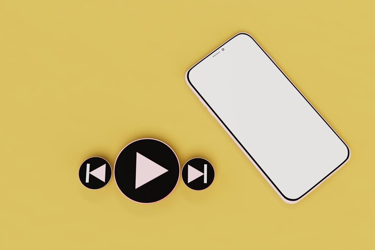Photo listening to music on a smartphone. control buttons for playing a music track and a smartphone