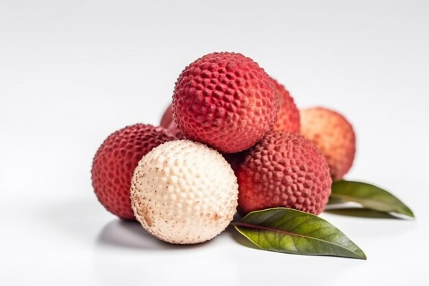 Litchi freschi con foglie su sfondo bianco Frutta tropicale