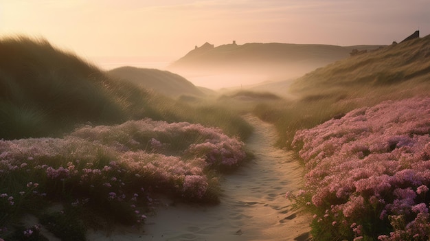 Litorale coperto di fiori rosa in riva al mare Generaitve AI