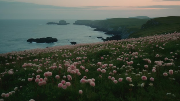 Litorale coperto di fiori rosa in riva al mare Generaitve AI