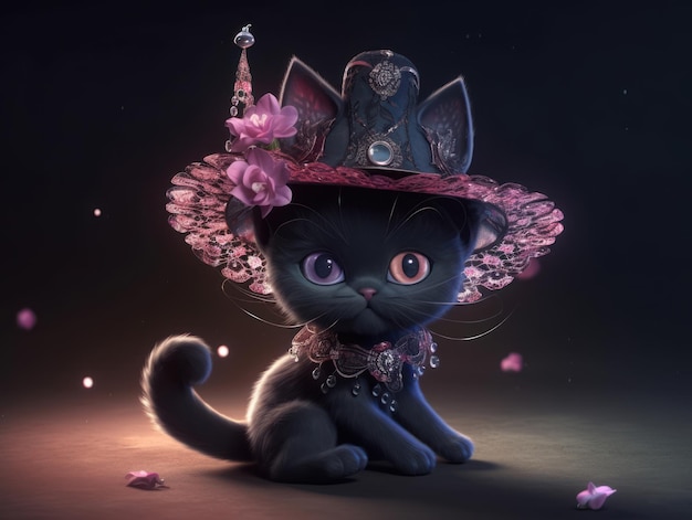 Little Black Cat in un cappello e un vestito creati con la tecnologia Generative AI