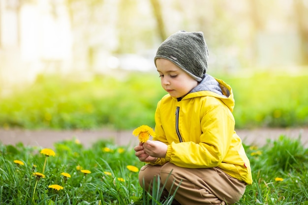 Little Boy Green Meadow Yellow Dandelion Flowers Il bambino sta esplorando l'ambiente naturale in giardino