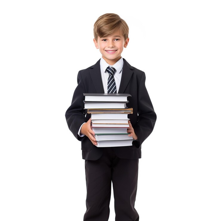 Little businessman bring stack of books isolated white background AI generated image