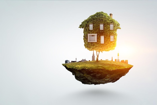 Little Eco House sul concetto di erba verde. Tecnica mista