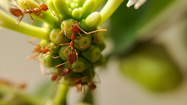 Little Red Fire Ant Si nutre delle foglie del frutto del noni con il fuoco selettivo Macro cover un sacco di formiche di fuoco o formiche rosse sulle foglie con illuminazione