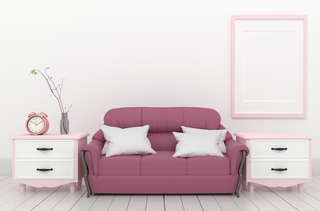 Living Room Interior - Pink elegante stile con fama divano orologio e pianta. Rendering 3D