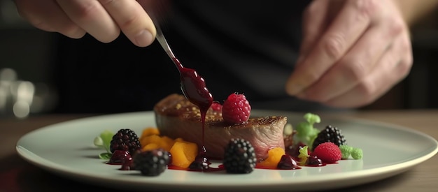 Lo chef aggiunge il tocco finale aggiungendo al piatto un po' di prezzemolo aromatizzato alla liquirizia