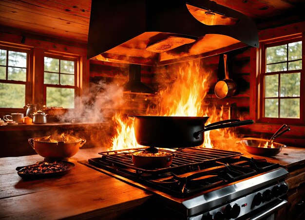 Lo chef cucina e fa un fuoco in una padella Cucina con il fuoco Corona di cibo Fiamma in cucina