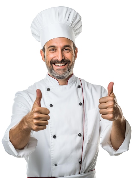 Lo chef dà il pollice in alto su uno sfondo bianco isolato