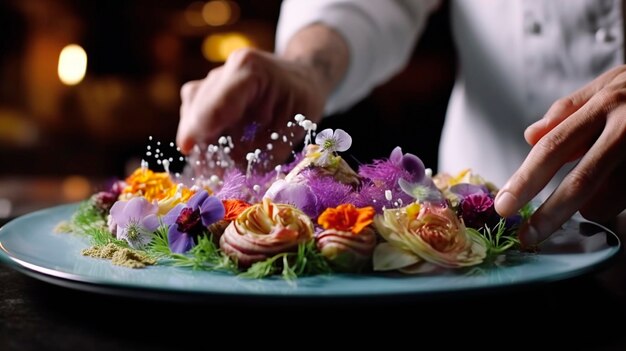 Lo chef decora il piatto con erbe e fiori.