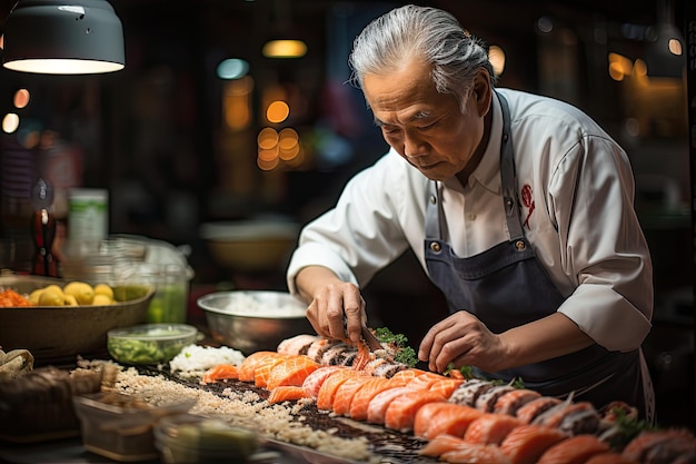 Lo chef di Sky Sushi crea parti mentre i clienti osservano un'attenta IA generativa
