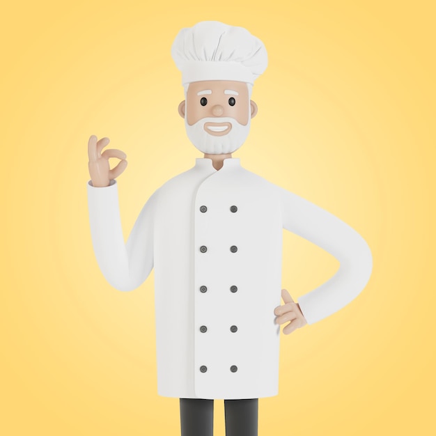 Lo chef fa il gesto dell'illustrazione 3D del piatto perfetto in stile cartone animato