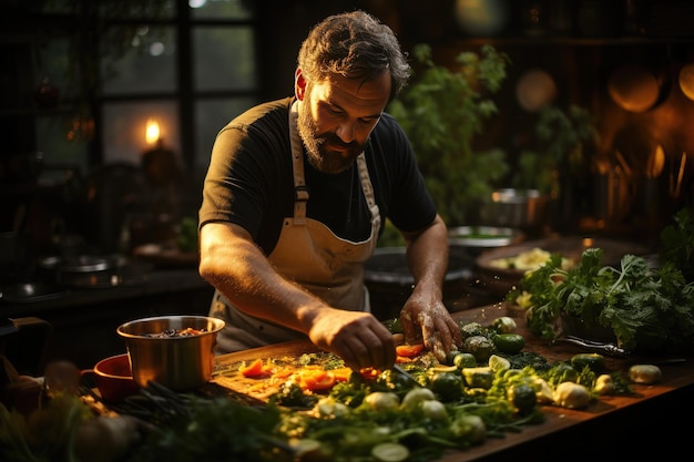 Lo chef maschio prepara un delizioso piatto sano