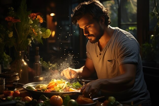 Lo chef maschio prepara un delizioso piatto sano