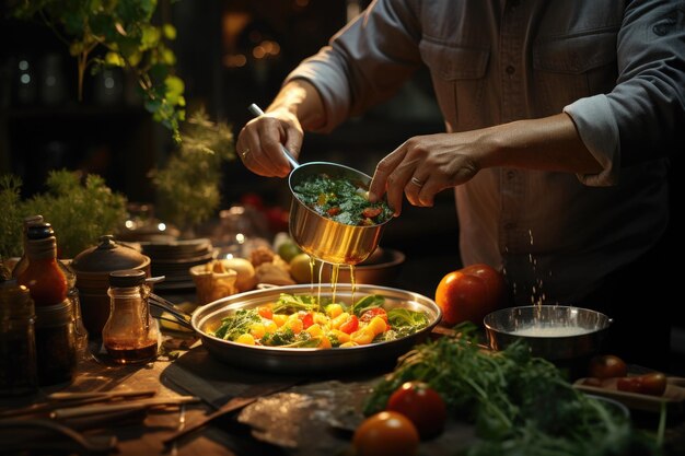 Lo chef maschio prepara un delizioso piatto sano