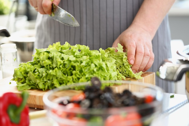 Lo chef passa la persona che taglia le verdure fresche con un coltello affilato