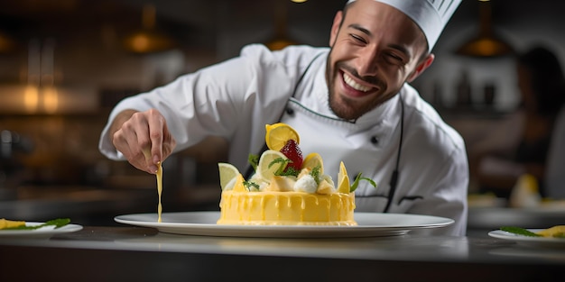 Lo chef sorridente che guarnisce un piatto gourmet in una cucina professionale, l'arte culinaria e la creatività hanno messo in mostra la deliziosa preparazione della cucina AI
