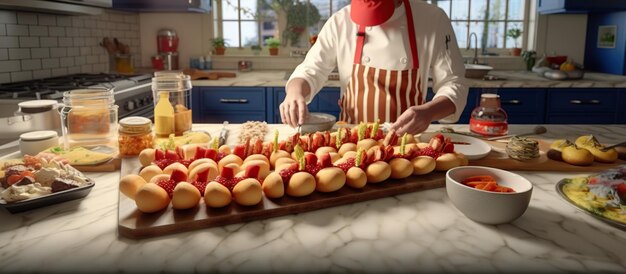 Lo chef sta finendo di decorare gli hotdog sul tavolo della cucina.