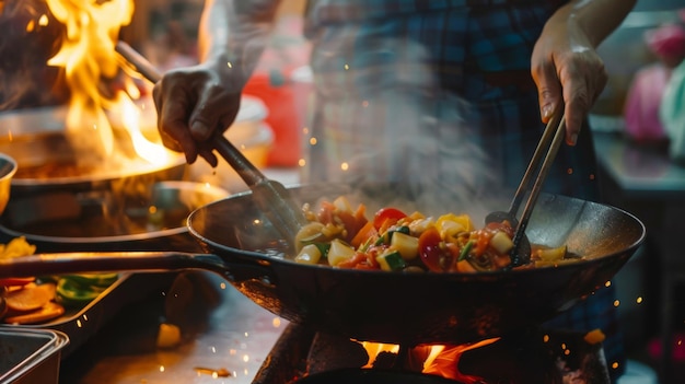 Lo chef sta mescolando le verdure in wokWok cucinando un tradizionale stir fry Cibo di strada in Cina Asia sud-orientale