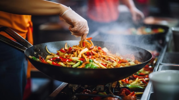 Lo chef sta mescolando le verdure nel wok sul concetto di cibo di strada