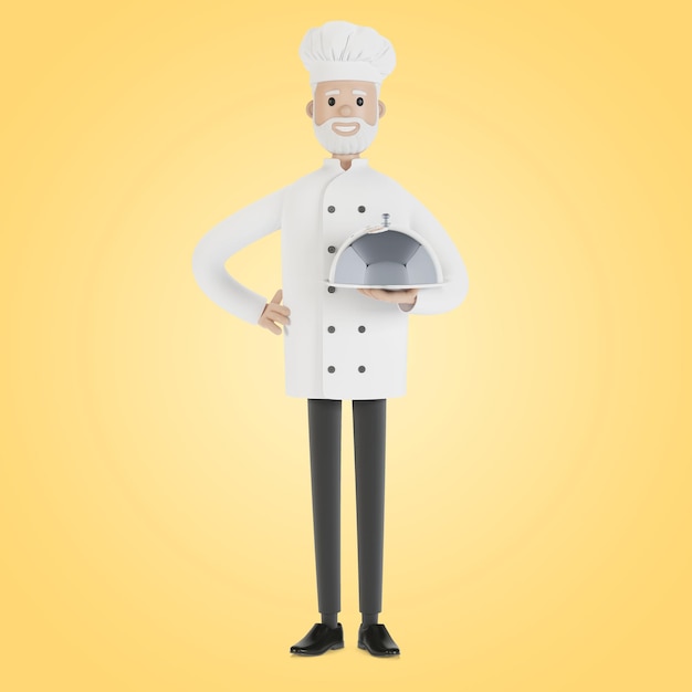 Lo chef tiene in mano un vassoio d'argento per il cibo. Illustrazione 3D in stile cartone animato.