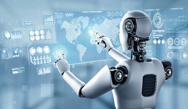 Lo hologramma toccante del robot umanoide Xai ai mostra il concetto di comunicazione globale