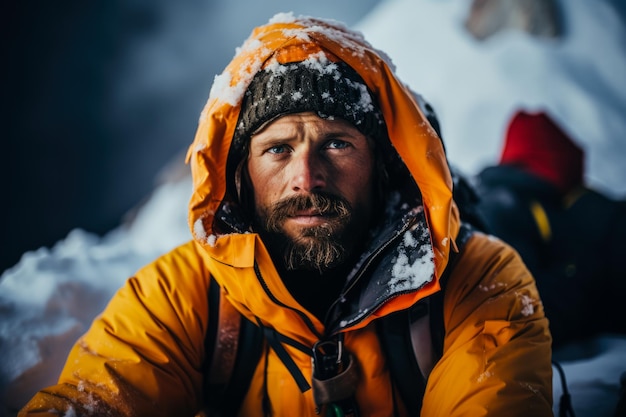Lo scalatore perseverante riflette l'emozione nel faticoso viaggio sulla cascata gelata