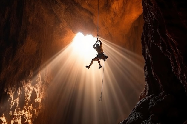 Lo scalatore si appende a una corda in un profondo abisso, la luce del sole filtra attraverso le rocce mentre mostrano la loro forza e determinazione di fronte a una sfida elettrizzante AI generativa