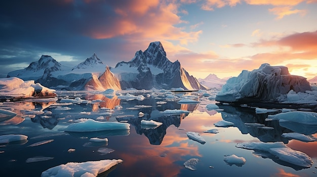 Lo scenario naturale dell'Antartide con gli iceberg nel fiordo di ghiaccio della Groenlandia durante il sole di mezzanotte