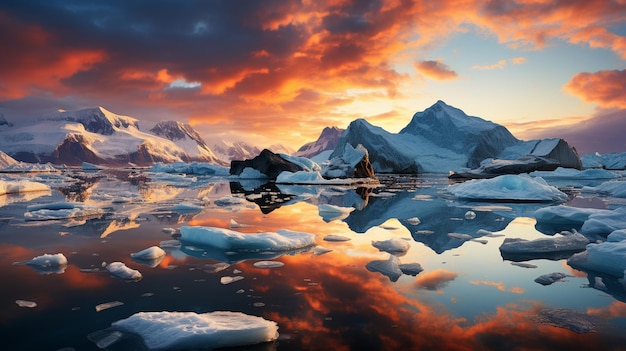 Lo scenario naturale dell'Antartide con gli iceberg nel fiordo di ghiaccio della Groenlandia durante il sole di mezzanotte