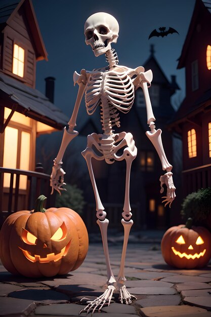 Lo scheletro di Halloween davanti a una casa infestata
