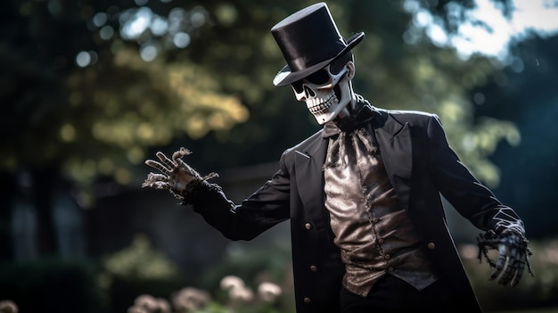 Lo scheletro di un gentiluomo che balla in un cimitero su sfondo nero