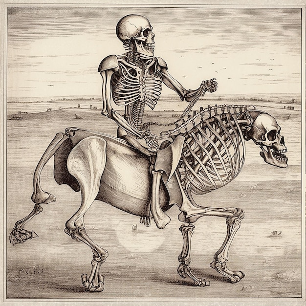 Lo scheletro umano cavalca un cavallo che disegna uno stile di incisione vintage